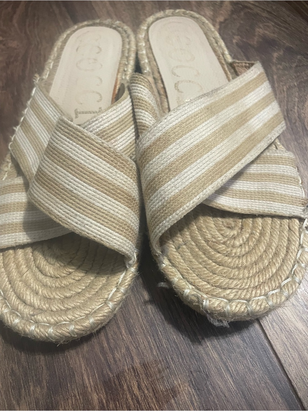 CCOCCI Tan and Cream Striped Espadrille Slide Sandals